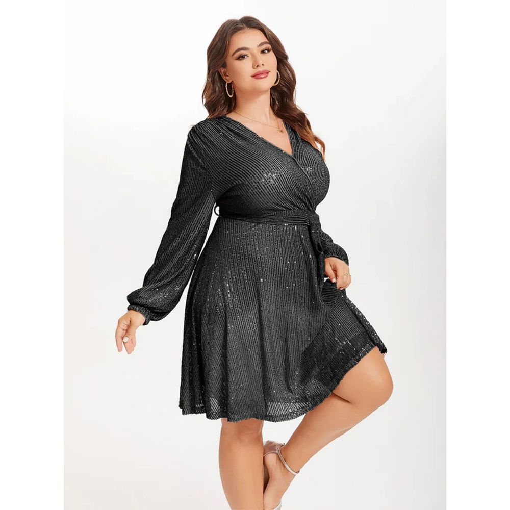 curve soul V-Neck Lantern Sleeve Belted Sequin Dress